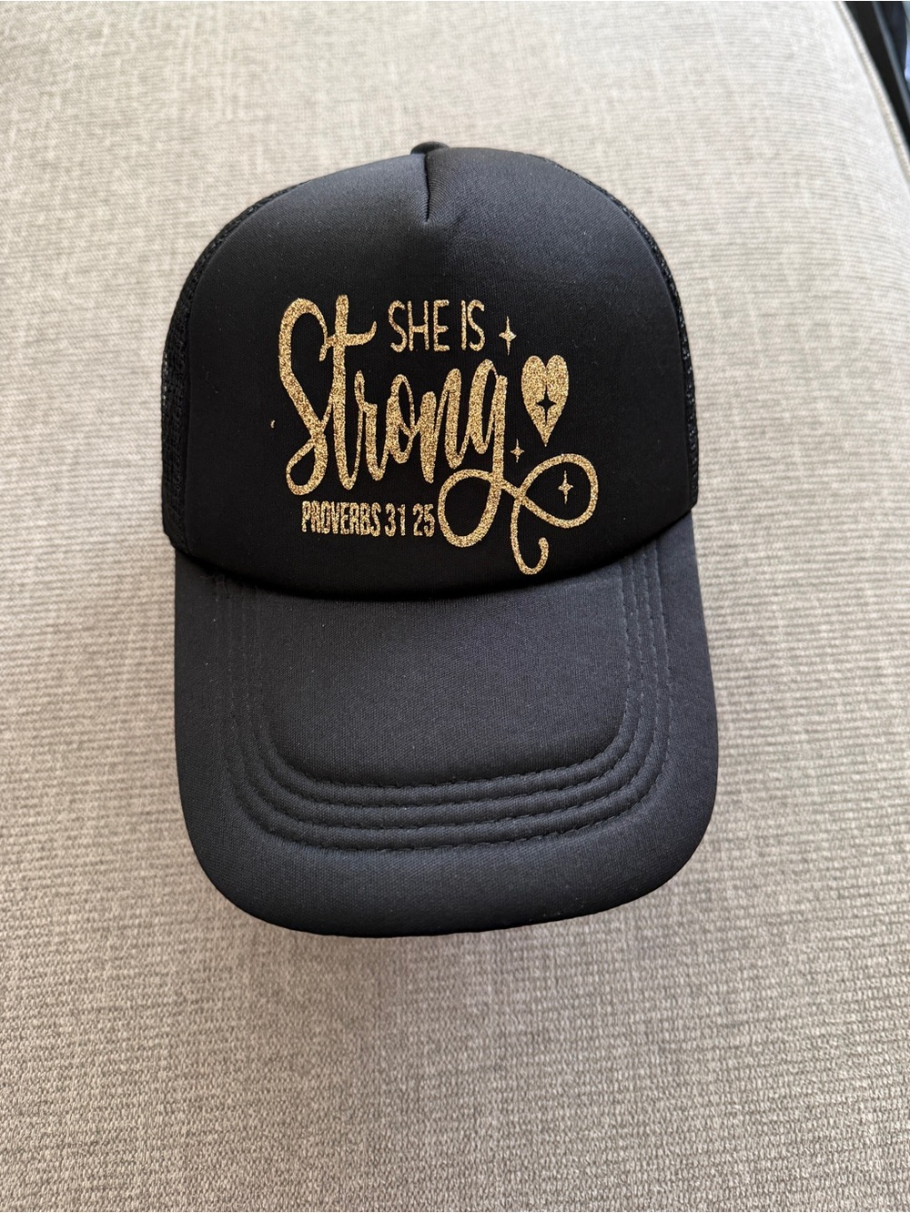 Customize Black Hat with Gold "She Is Strong" Script